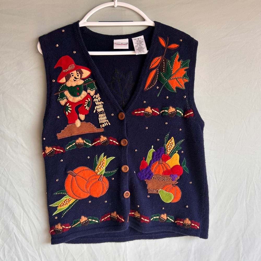 Vintage 90s Fall Harvest Pumpkin Sweater Vest Small Bobbie Brooks Beaded